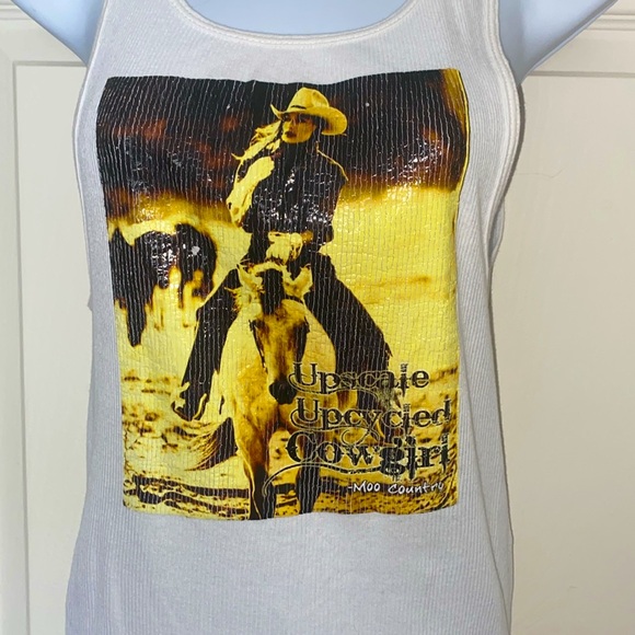 Moo Country boutique NWOT graphic Tank top. “Upscale Upcycled Cowgirl” - Picture 2 of 3